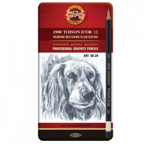 Карандаши чернографитные KOH-I-NOOR Toison D'or, НАБОР 12 шт., 8B-2H, металлическая коробка, 1912012001PL, 1912012001PLRU