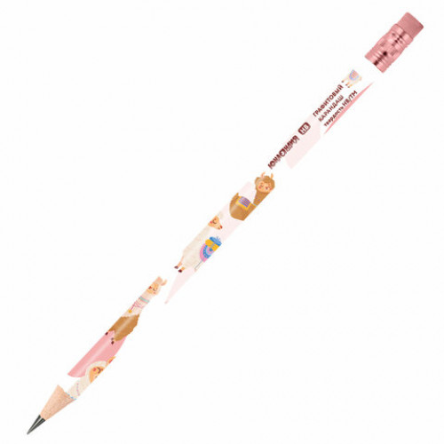Карандаш чернографитный ЮНЛАНДИЯ ЖИВОТНЫЕ, 1 шт, HB, с ластиком, корпус ассорти, 182012