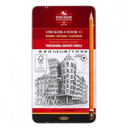Карандаши чернографитные KOH-I-NOOR, НАБОР 12шт., Art 6B-6H, без резинки, металлическая коробка, 1582012001PL