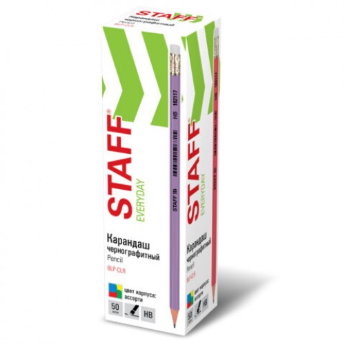 Карандаш чернографитный с ластиком STAFF EVERYDAY BLP-CLR, 1 шт., НВ, цвет корпуса ассорти, 182117