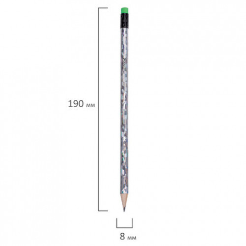 Карандаш чернографитный ПИФАГОР, 1 шт., НВ, с резинкой ассорти, фольгированный корпус (серебряный), заточенный, 180618