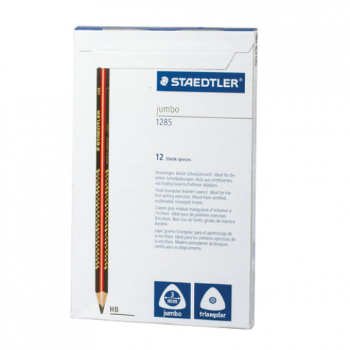 Карандаш чернографитный утолщенный STAEDTLER (Германия), 1 шт., HB, трехгранный, без резинки, грифель 3 мм, заточенный, 1285-2