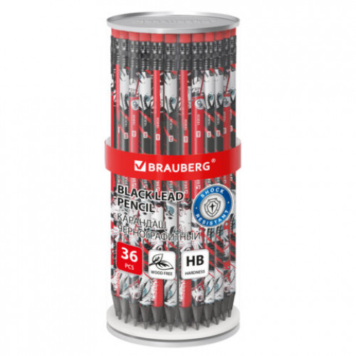 Карандаш чернографитный с принтом BRAUBERG RED ANIME, 1 шт, HB, с ластиком, корпус ассорти, 182026