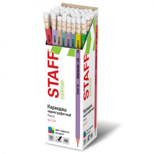 Карандаш чернографитный с ластиком STAFF EVERYDAY BLP-CLR, 1 шт., НВ, цвет корпуса ассорти, 182117