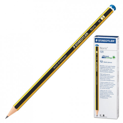 Карандаш чернографитный STAEDTLER (Германия), 1 шт., Noris, H, без резинки, корпус черно-желтый, заточенный, 120-3