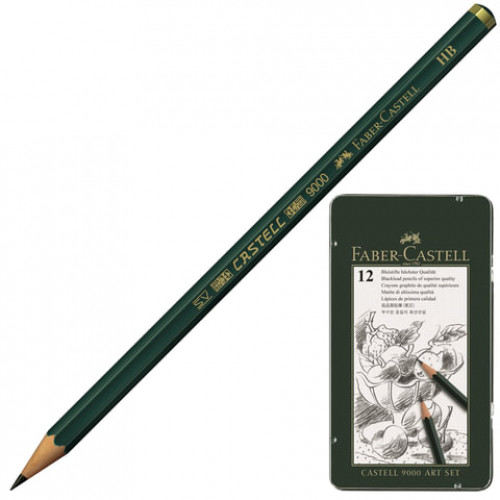 Карандаши чернографитные FABER-CASTELL, НАБОР 12 шт., Castell 9000 Art Set, 2H-8B, металлическая коробка, 119065