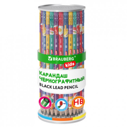 Карандаш чернографитный BRAUBERG KIDS FOOD, 1 шт, HB, с ластиком, корпус ассорти, 182018