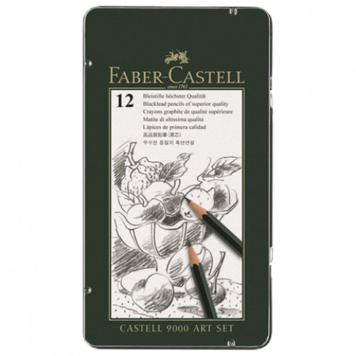 Карандаши чернографитные FABER-CASTELL, НАБОР 12 шт., Castell 9000 Art Set, 2H-8B, металлическая коробка, 119065