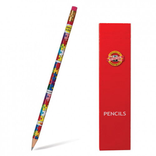 Карандаш чернографитный KOH-I-NOOR, 1 шт., Puzzle, НВ, с резинкой, корпус ассорти, заточенный, 1231002472KSNV