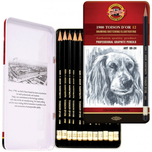 Карандаши чернографитные KOH-I-NOOR Toison D'or, НАБОР 12 шт., 8B-2H, металлическая коробка, 1912012001PL, 1912012001PLRU