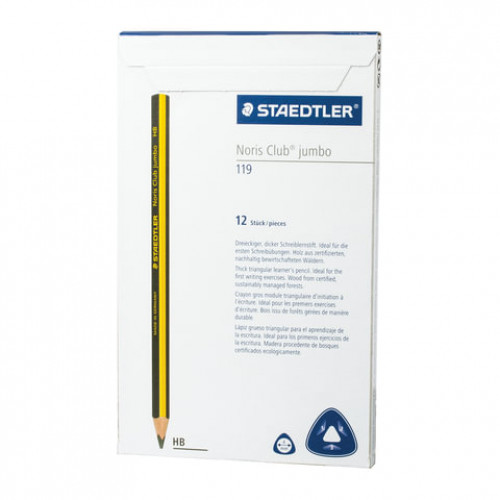 Карандаш чернографитный утолщенный STAEDTLER (Германия) 1 шт, Noris Club, HB, трехгранный, без резинки, грифель 4 мм, заточенный, 119