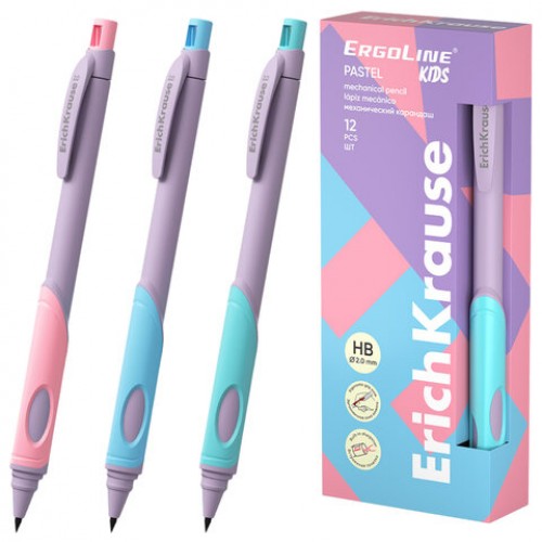Карандаш механический 2 мм ERICH KRAUSE ErgoLine Kids Pastel, HB, с точилкой, ассорти, 63833