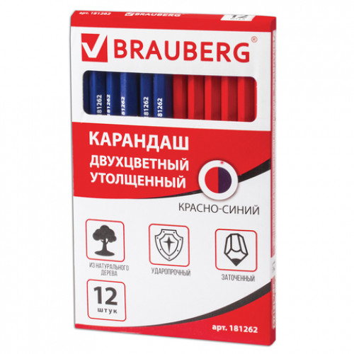 Карандаш двухцветный, красно-синий, утолщённый, BRAUBERG, заточенный, грифель 4,0 мм, 181262