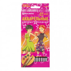 Карандаши цветные акварельные BRAUBERG Pretty Girls, 12 цветов, заточенные, картонная упаковка, 180567