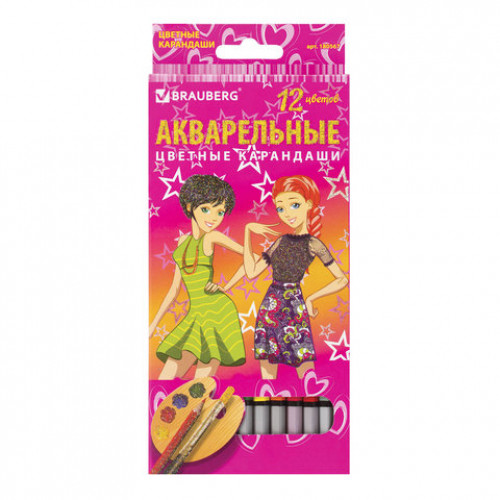 Карандаши цветные акварельные BRAUBERG Pretty Girls, 12 цветов, заточенные, картонная упаковка, 180567