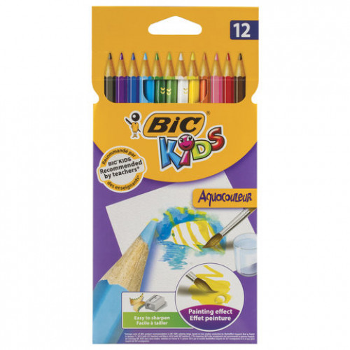 Карандаши цветные акварельные BIC Aquacouleur, 12 цветов, заточенные, европодвес, 8575613