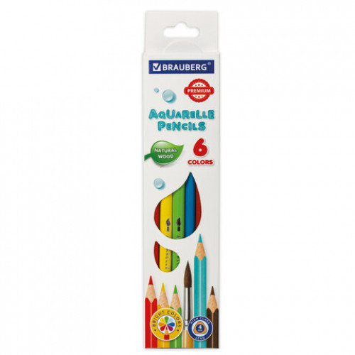 Карандаши цветные акварельные BRAUBERG PREMIUM AQUARELLE, 6 цветов, грифель мягкий 4 мм, 181670.