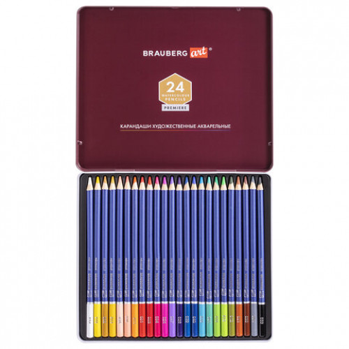 Карандаши художественные цветные акварельные BRAUBERG ART PREMIERE, 24 цвета, грифель 4 мм, металл, 181534