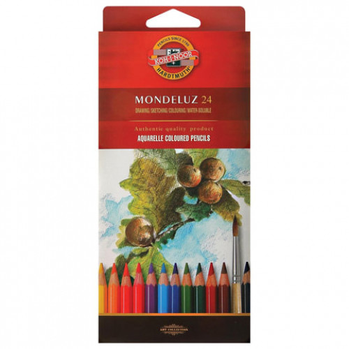 Карандаши цветные акварельные художественные KOH-I-NOOR Mondeluz, 24 цвета, 3,8 мм, заточенные, европодвес, 3718024001KSRU