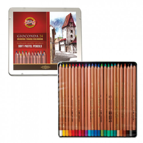 Карандаши цветные пастельные KOH-I-NOOR Gioconda, 24 цвета, мягкие, металлическая коробка, 8828024001PL
