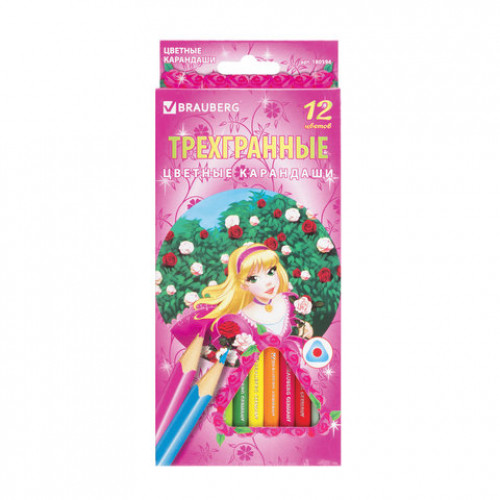 Карандаши цветные BRAUBERG Rose Angel, 12 цветов, трехгранные, заточенные, картонная упаковка, 180594