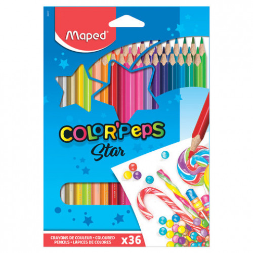 Карандаши цветные MAPED (Франция) Color'Peps Star, 36 цветов, трехгранные, заточенные, европодвес, 832017