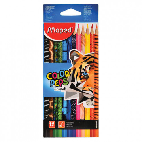 Карандаши цветные MAPED (Франция) Color'Peps Animals', 12 цветов, трехгранные, заточенные, европодвес, 832212