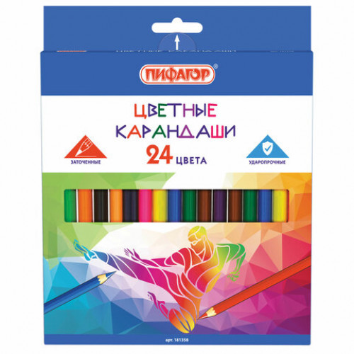 Карандаши цветные ПИФАГОР БЫСТРЕЕ! ВЫШЕ! СИЛЬНЕЕ!, 24 цвета, классические заточенные, 181358