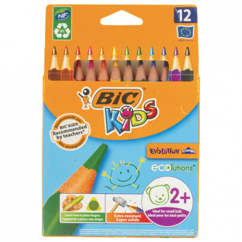 Карандаши цветные утолщенные BIC Kids Evolution Triangle, 12 цветов, пластиковые, трехгранные, картонная упаковка, 8297356