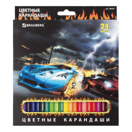 Карандаши цветные BRAUBERG InstaRacing, 24 цвета, заточенные, картонная упаковка с отделкой выборочным лаком, 180559
