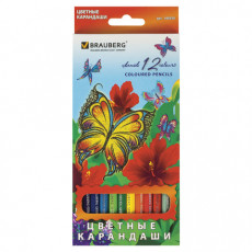 Карандаши цветные BRAUBERG Wonderful butterfly, 12 цветов, заточенные, картонная упаковка с блестками, 180535