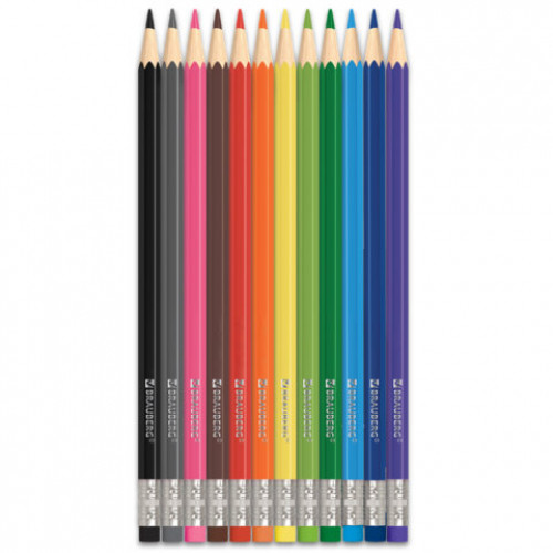 Карандаши цветные стираемые с ластиком BRAUBERG ERASABLE, 12 цветов, шестигранные, 182070