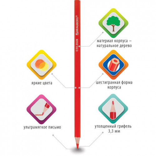 Карандаши цветные BRAUBERG PREMIUM, 12 цветов, шестигранные, грифель мягкий 3,3 мм, 181656