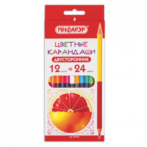 Карандаши двусторонние ПИФАГОР СОЧНЫЕ ФРУКТЫ, 12 штук, 24 цвета, заточенные, европодвес, 181361