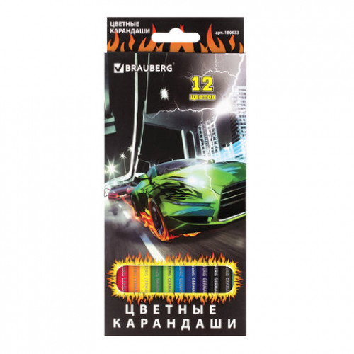 Карандаши цветные BRAUBERG InstaRacing, 12 цветов, заточенные, картонная упаковка с отделкой выборочным лаком, 180533