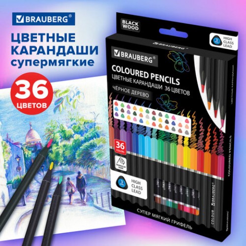 Карандаши цветные чёрное дерево BRAUBERG BLACK WOOD, 36 цветов, мягкий грифель, 182042
