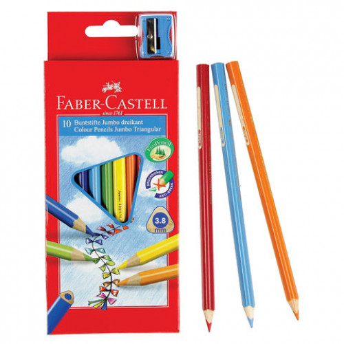 Карандаши цветные утолщенные FABER-CASTELL Jumbo 10 цветов, трехгранные, с точилкой, 116510