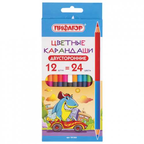 Карандаши двусторонние ПИФАГОР Веселые акулята, 12 штук, 24 цвета, заточенные, европодвес, 181363