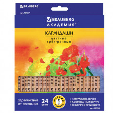 Карандаши цветные BRAUBERG ЦВЕТЫ, 24 цвета, трехгранные заточенные, лакированное дерево, 181368