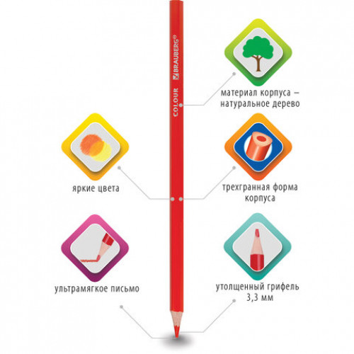 Карандаши цветные BRAUBERG PREMIUM, 12 цветов, трехгранные, грифель мягкий 3,3 мм, 181651