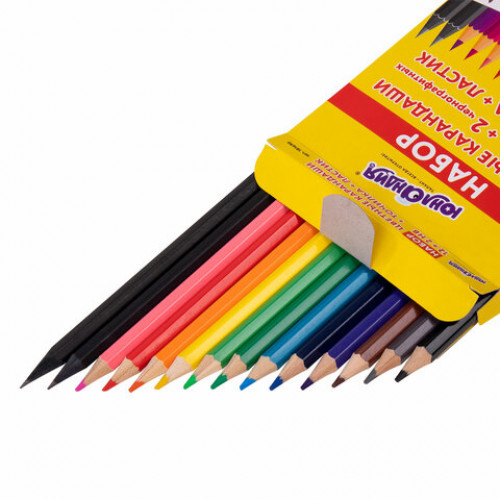 Карандаши цветные ЮНЛАНДИЯ МОНСТРИК, НАБОР 12 цветов + 2 чернографитных карандаша + ластик + точилка, заточенные, шестигранные, 181690