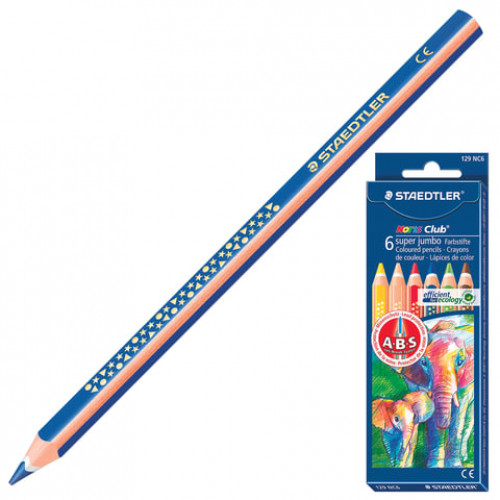 Карандаши цветные утолщенные STAEDTLER (Германия) Noris Club, 6 цветов, грифель 6 мм, европодвес, 129 NC6
