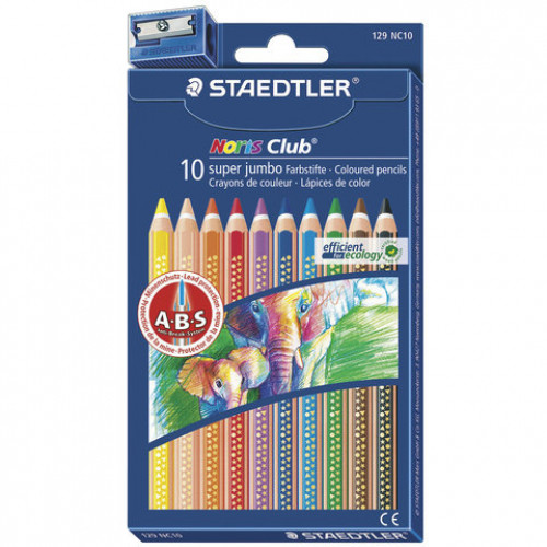 Карандаши цветные утолщенные STAEDTLER (Германия) Noris Club, 10 цветов, грифель 6 мм, европодвес, 129 NC10