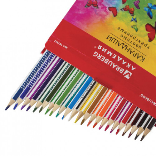 Карандаши цветные BRAUBERG БАБОЧКИ, 24 цвета, трехгранные заточенные, корпус с полосками