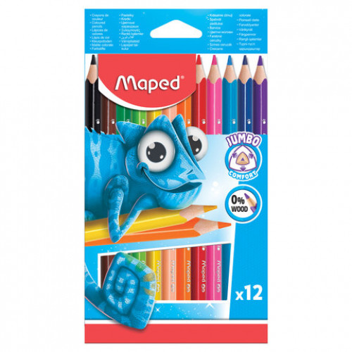 Карандаши цветные утолщенные MAPED (Франция) Pulse, 12 цветов, пластик, трехгранные, заточенные, европодвес, 834352