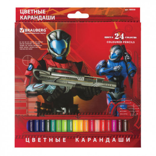 Карандаши цветные BRAUBERG Star Patrol, 24 цвета, заточенные, картонная упаковка, 180558