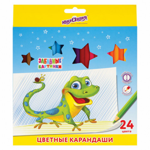 Карандаши цветные мягкие ЮНЛАНДИЯ ЗАБАВНЫЕ КАРТИНКИ, 24 цвета, классические, заточенные, 181645