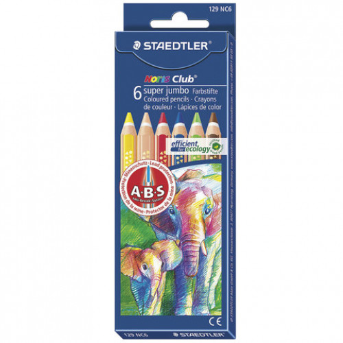 Карандаши цветные утолщенные STAEDTLER (Германия) Noris Club, 6 цветов, грифель 6 мм, европодвес, 129 NC6