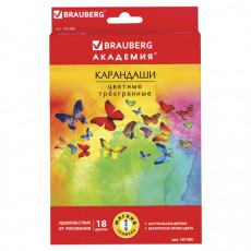 Карандаши цветные BRAUBERG Бабочки, набор 18 цветов, трехгранные, корпус с полосками, 181286 Карандаши цветные BRAUBERG Бабочки, набор 18 цветов, трехгранные, корпус с полосками, 181286