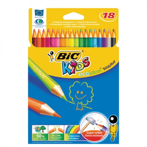 Карандаши цветные BIC Kids ECOlutions Evolution, 18 цветов, пластиковые, заточенные, европодвес, 937513